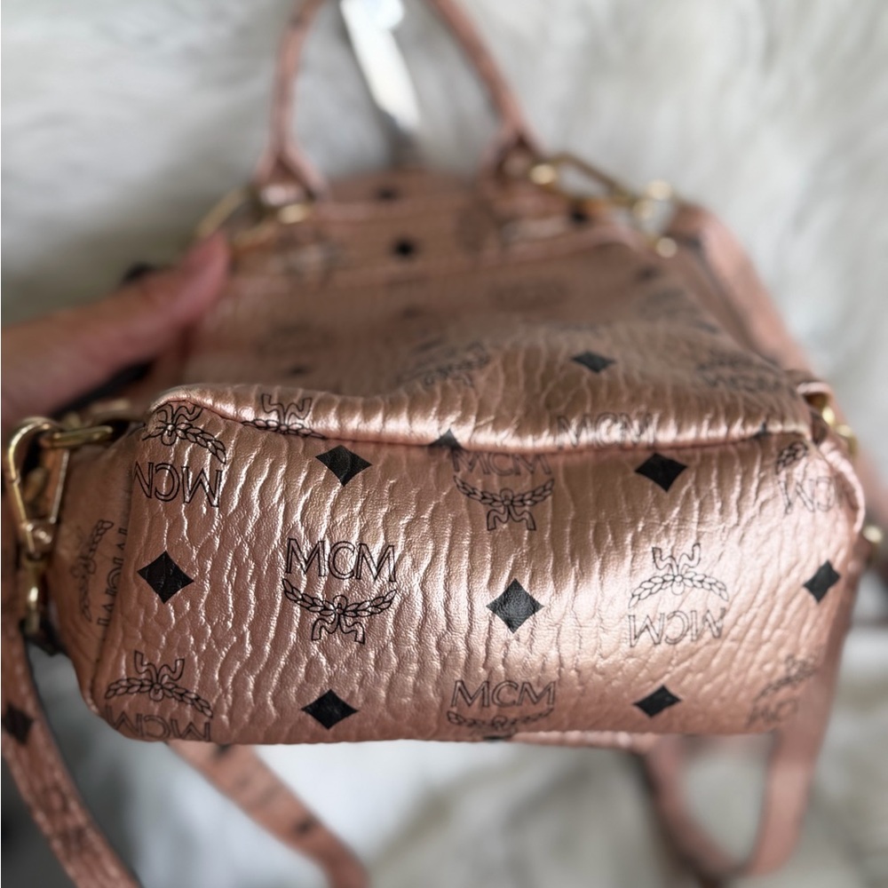 MCM Stark Bebe Boo X-Mini Backpack Metallic Rose Monogram Pink Visetos Leather - Picture 9 of 13
